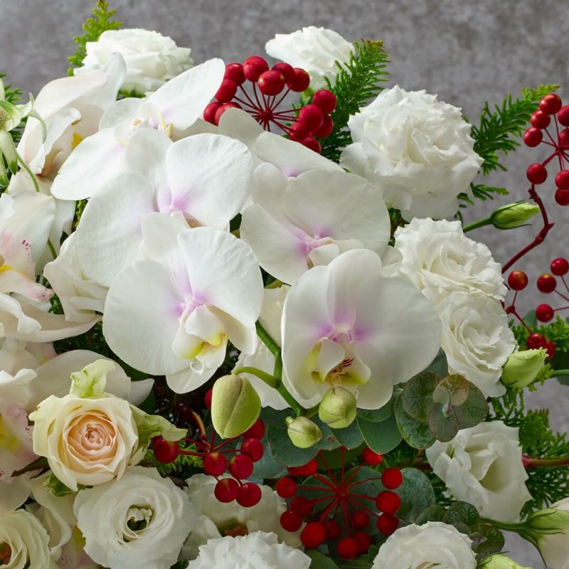 【お歳暮・クリスマス】白いミディ胡蝶蘭やシンビジューム、大輪バラのアレンジメント