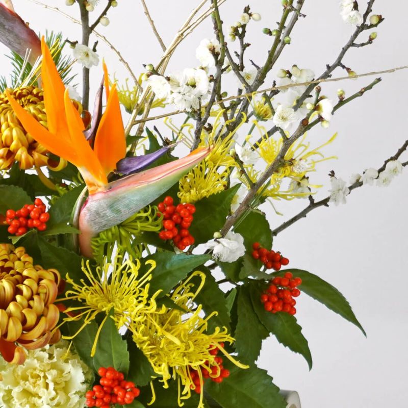 【お正月・お年賀】小松や白梅、オレンジの複色と黄緑の大輪マムのアレンジメント