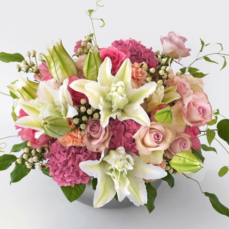 【母の日】白い八重咲きユリとピンクのバラやカーネーションのアレンジメント