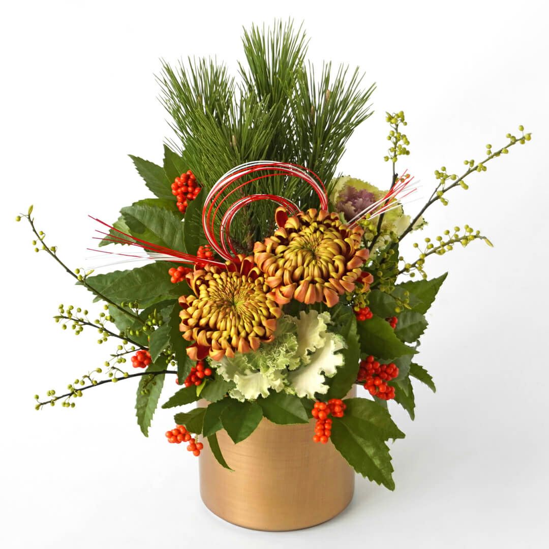 【お正月・お年賀】オレンジの複色のマムのアレンジメント