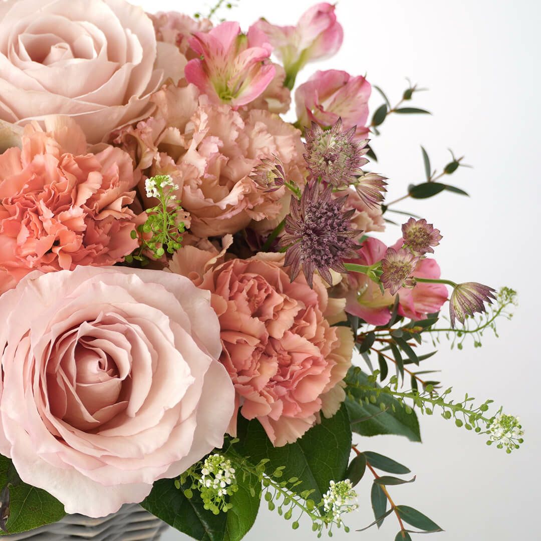 【母の日】複色のカーネーションや淡いピンクの大輪バラのアレンジメント