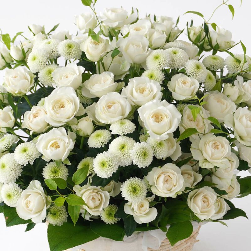 白いスプレーバラのアレンジメント（ご供花）｜青山花茂本店