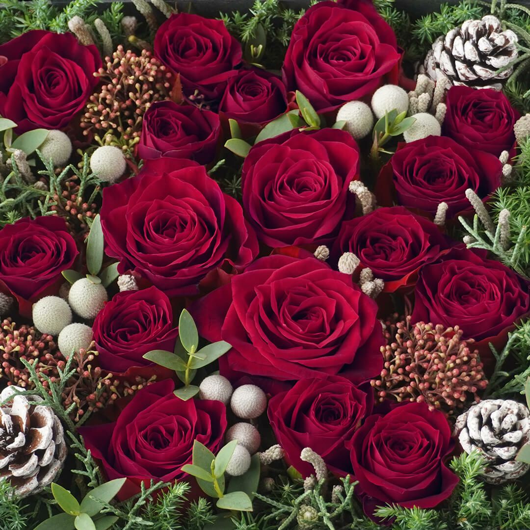 【お歳暮・クリスマス】赤い大輪バラやスプレーバラのボックスアレンジメント